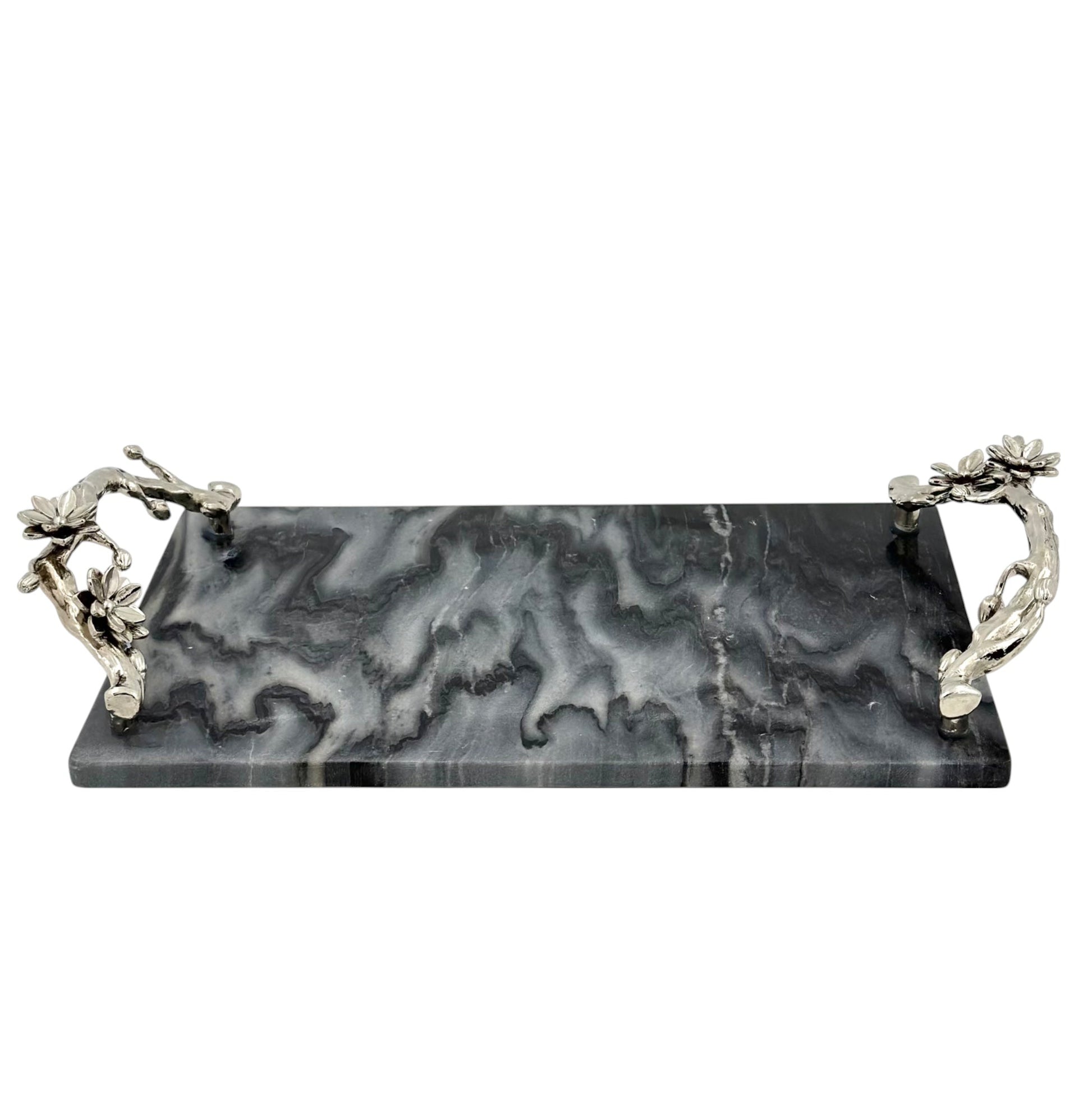 Black Marble Tray with Gilded Floral Handles-3