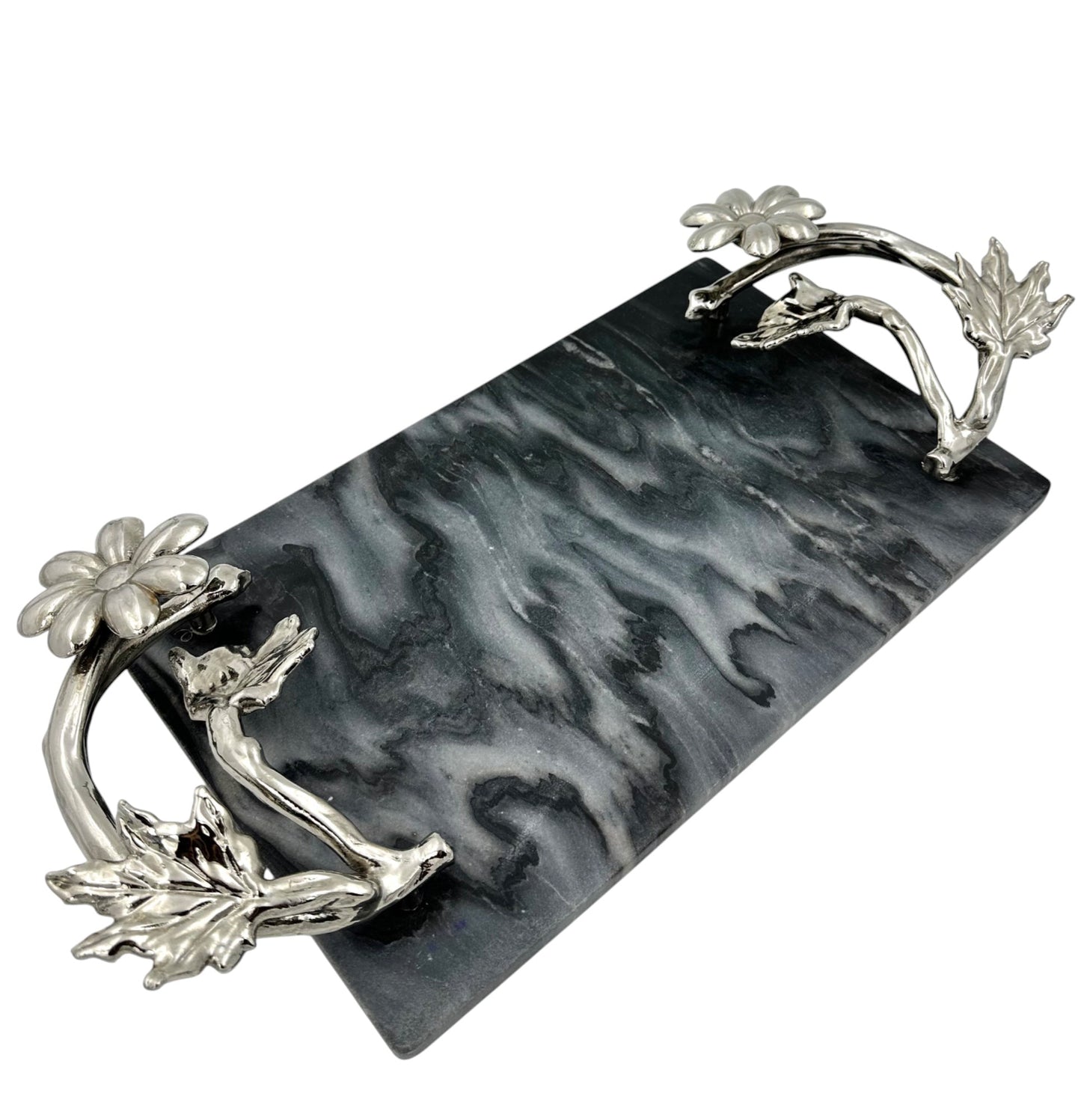 Black Marble Tray with Gilded Floral Handles-1