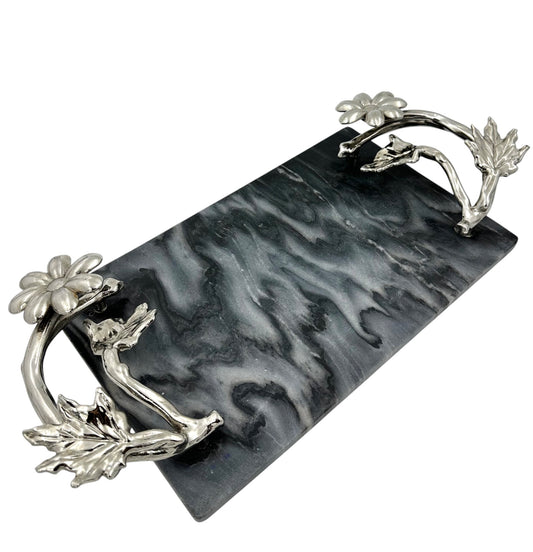 Black Marble Tray with Gilded Floral Handles-1