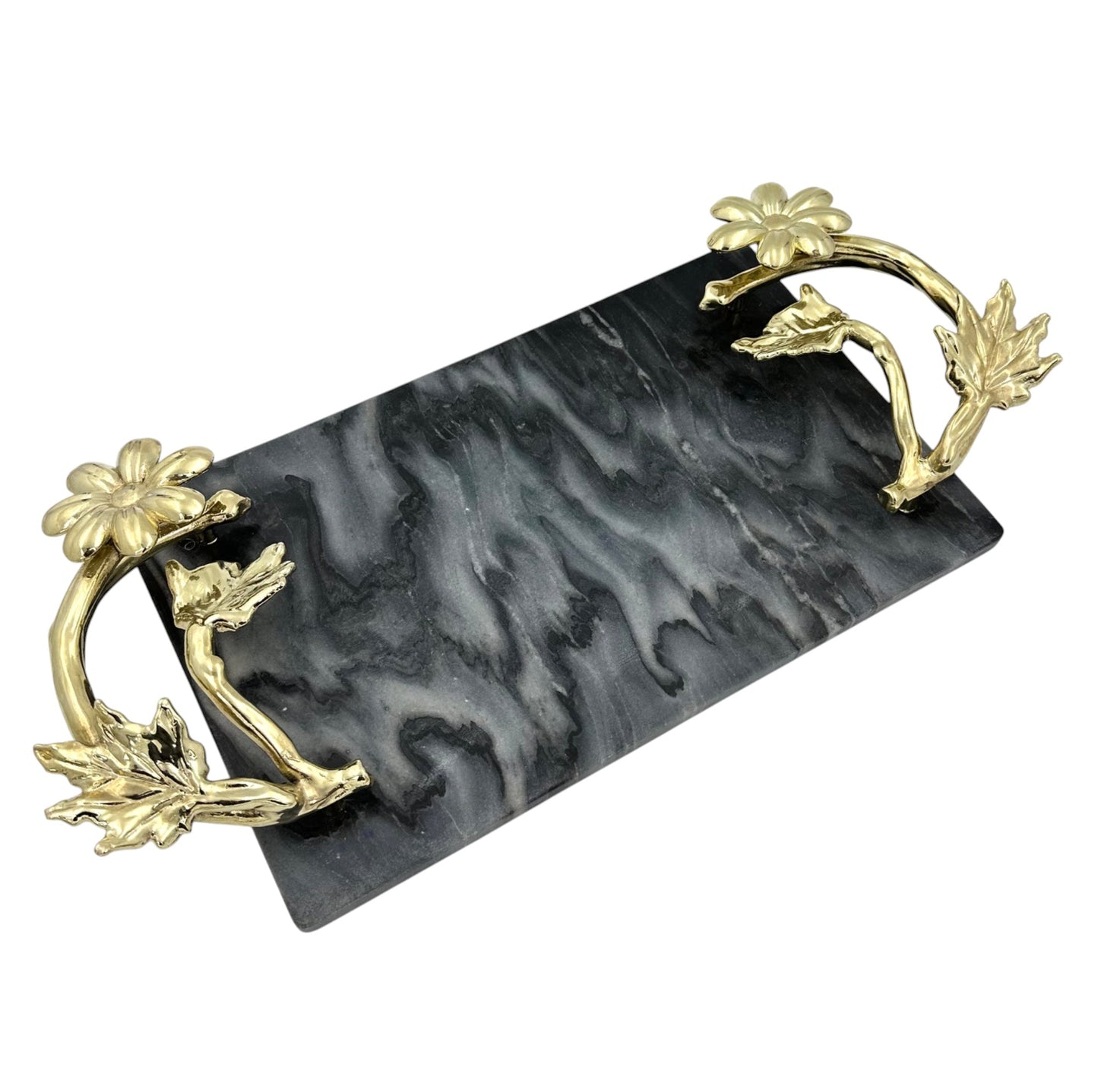 Black Marble Tray with Gilded Floral Handles-3