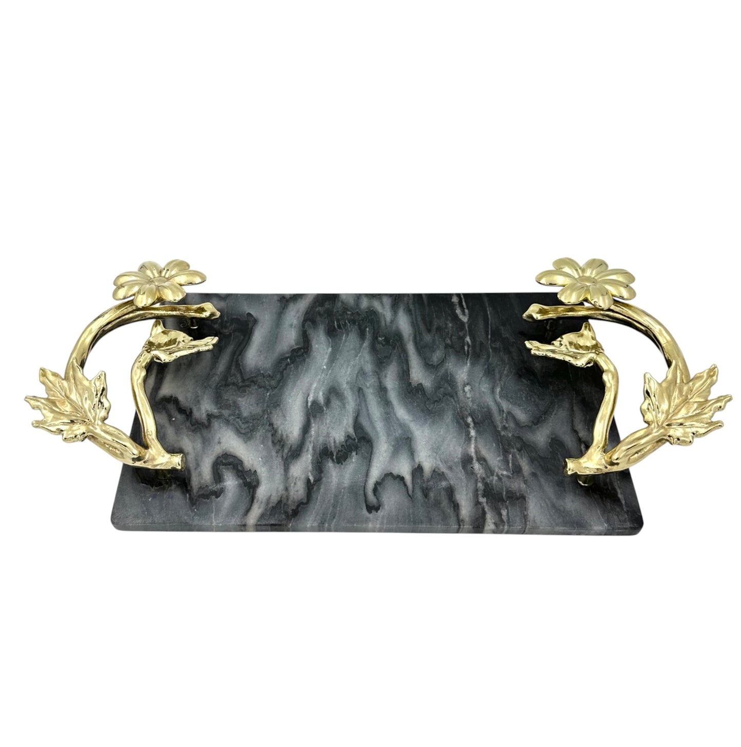 Black Marble Tray with Gilded Floral Handles-4