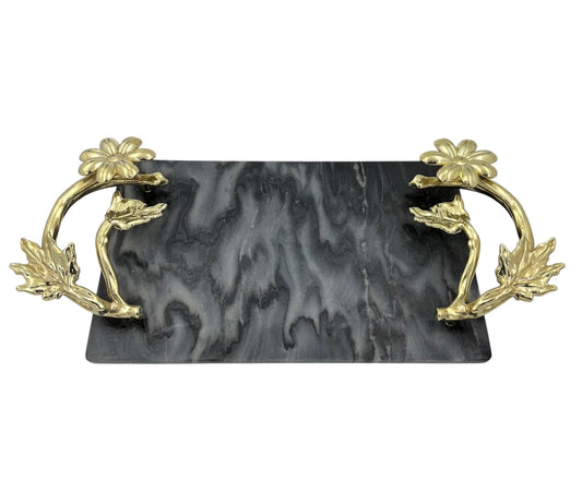 Black Marble Tray with Gilded Floral Handles-0