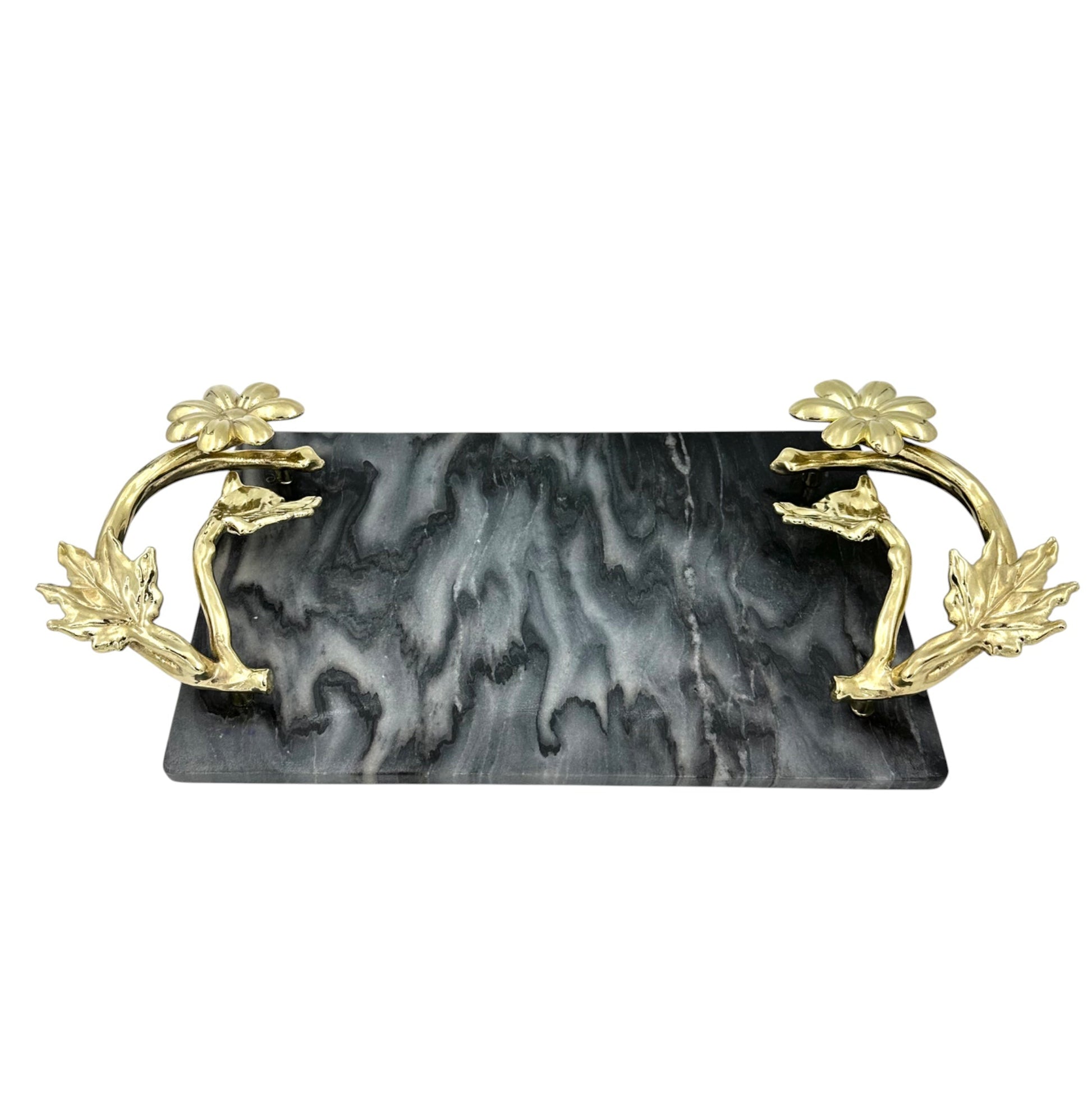 Black Marble Tray with Gilded Floral Handles-4