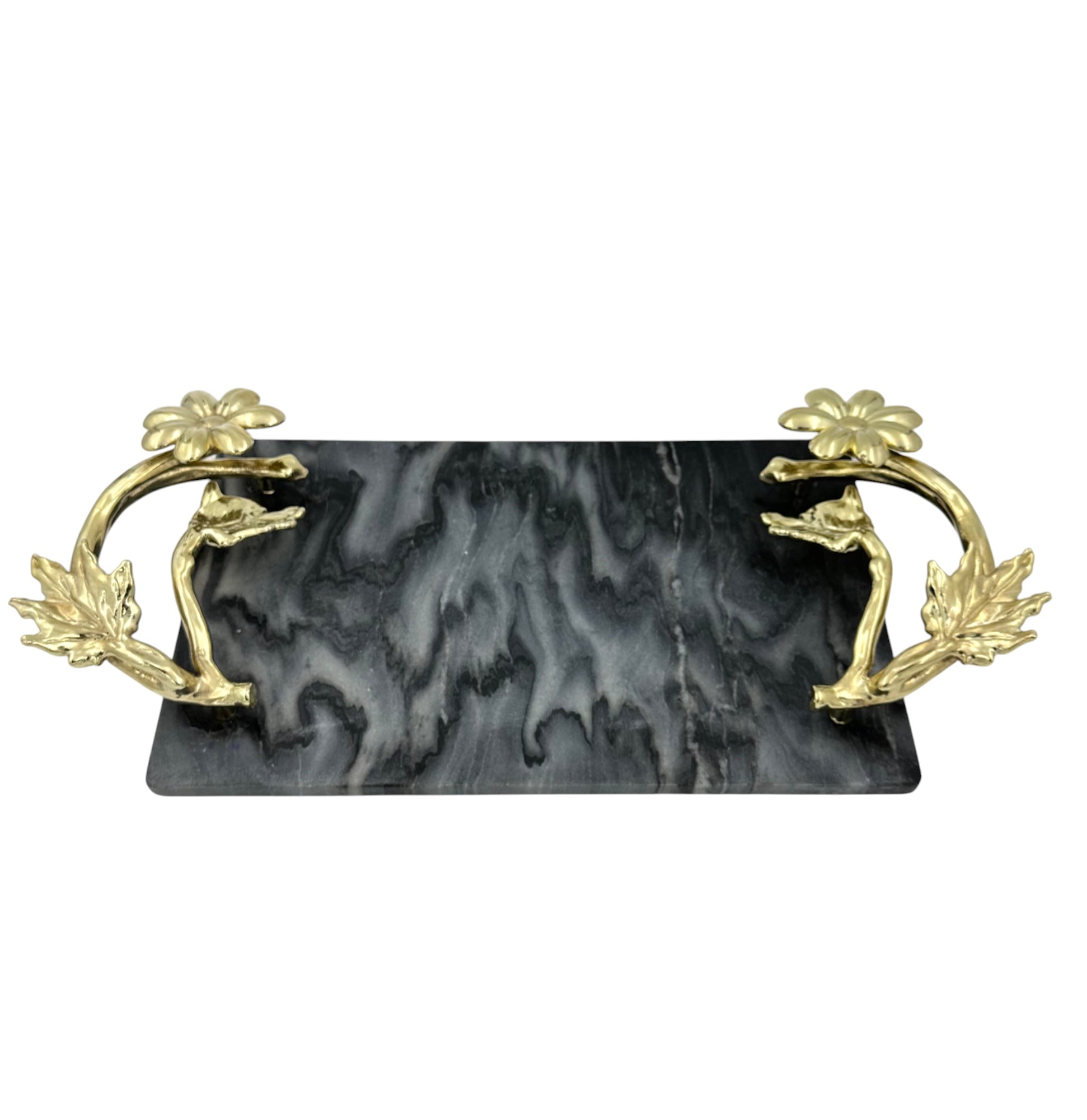 Black Marble Tray with Gilded Floral Handles-2